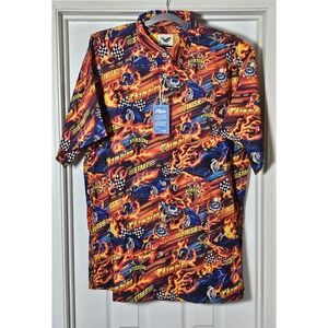 Yiume Hawaiian Shirt Men's Size XL 100% Cotton‎ Racing Cars Flames